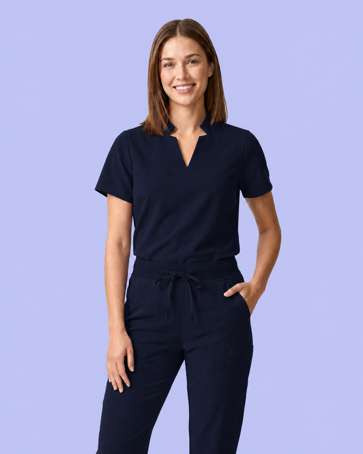 Women's Stand Collar Notch Neck Top Navy