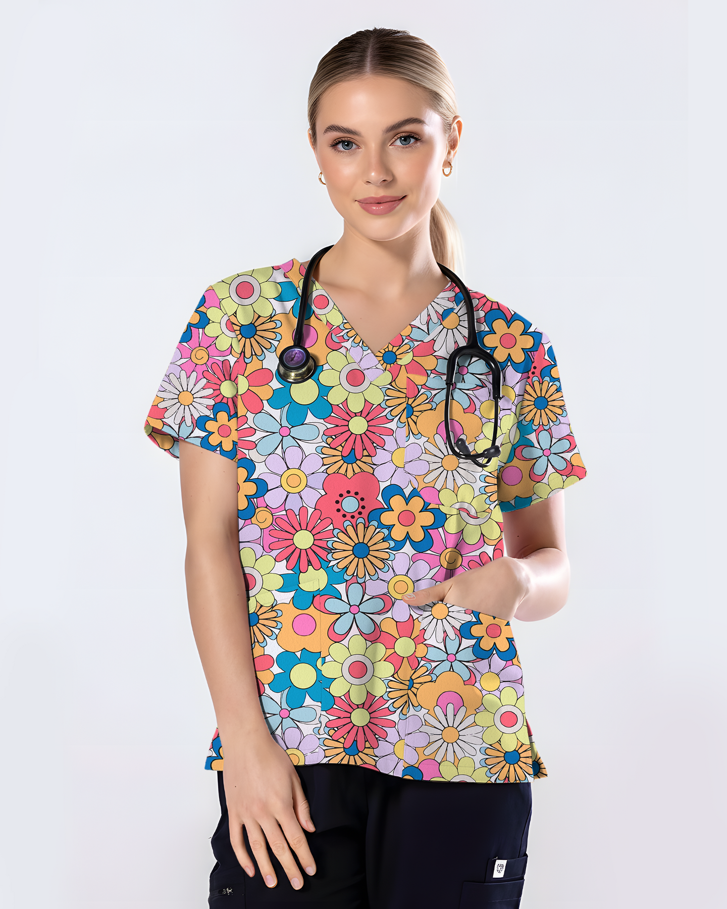Playful Flower Power Women Scrub Top