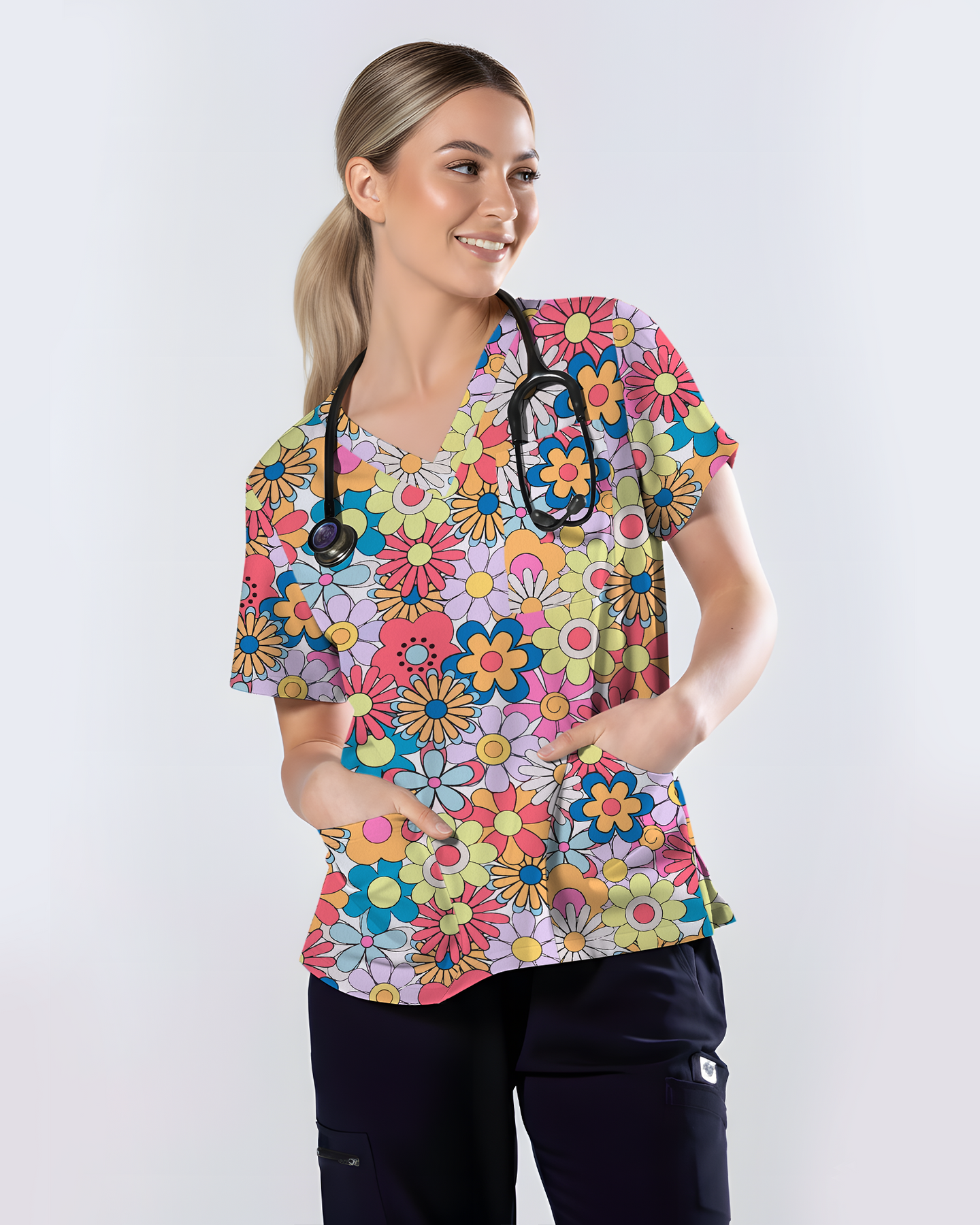 Playful Flower Power Women Scrub Top