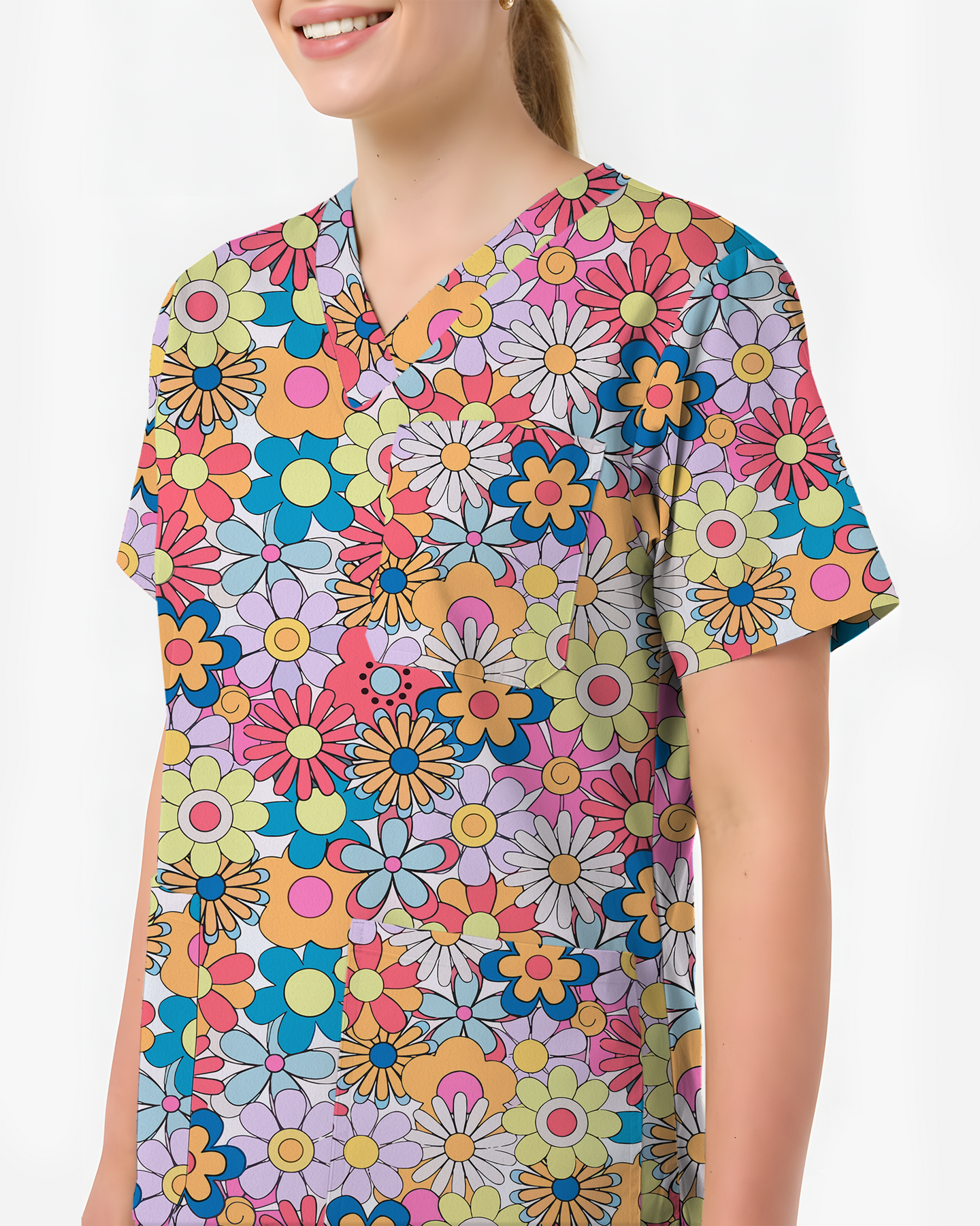 Playful Flower Power Women Scrub Top