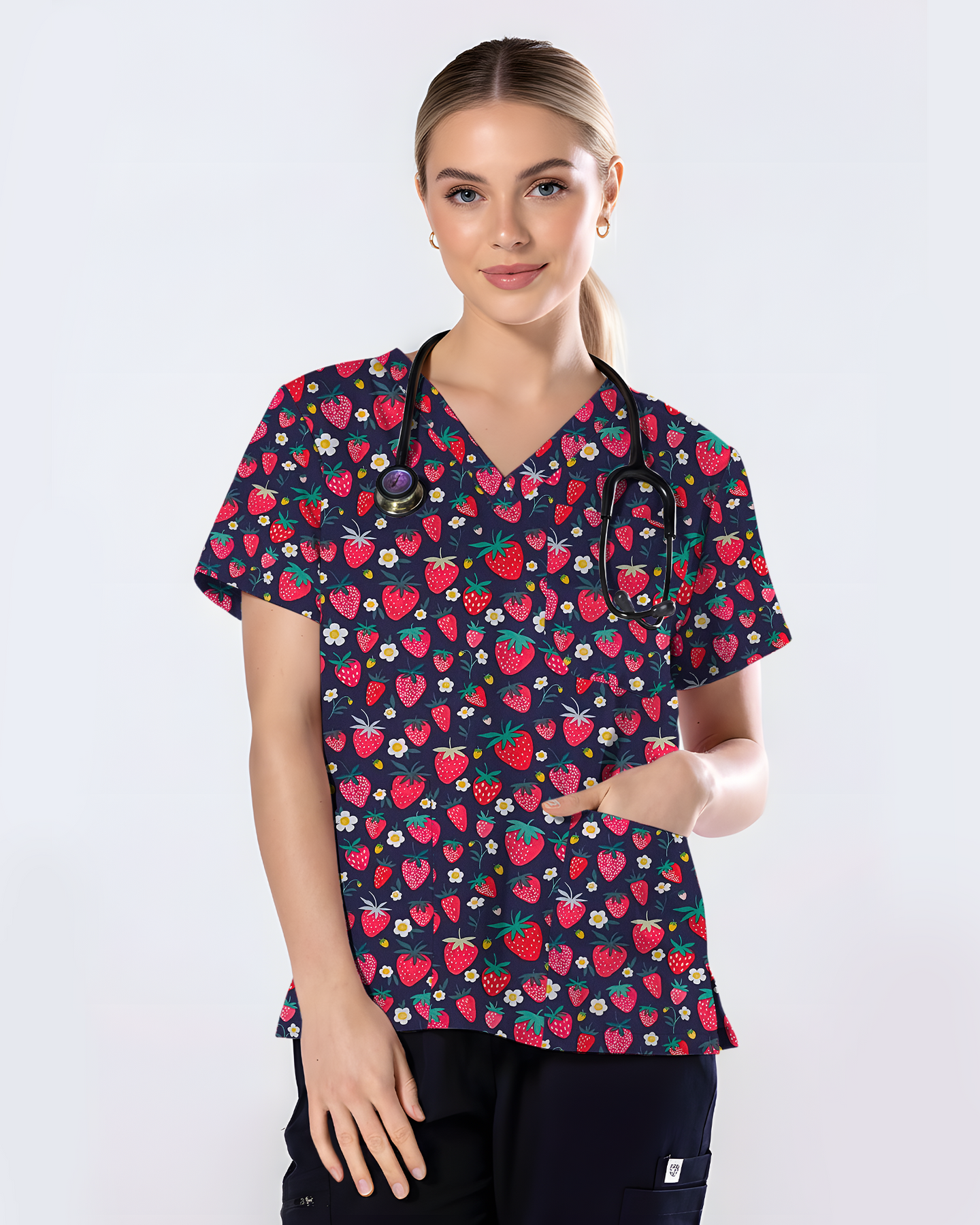ScrubLoop Summer Strawberry Harvest Women Scrub Top