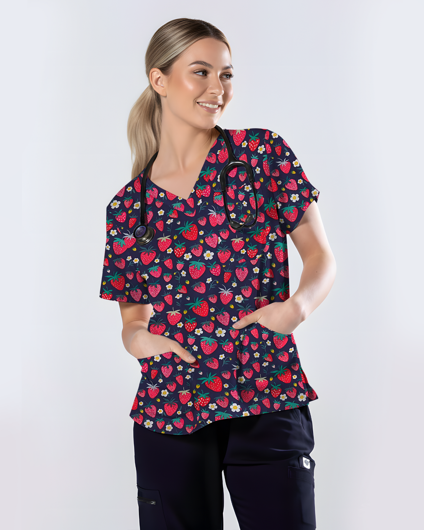 ScrubLoop Summer Strawberry Harvest Women Scrub Top