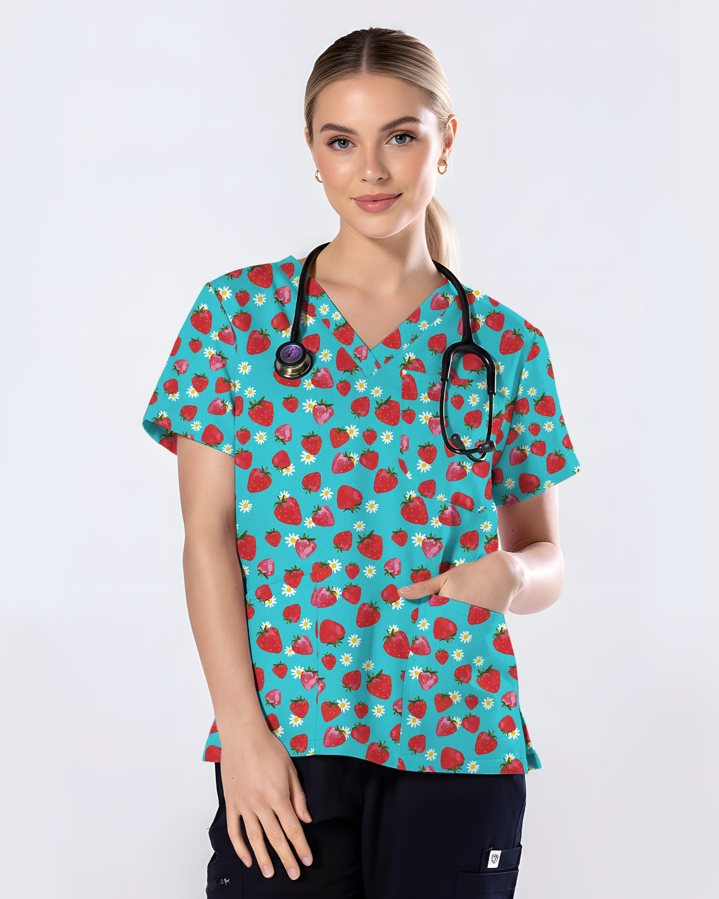 Fresh Strawberry Meadow Women Scrub Top