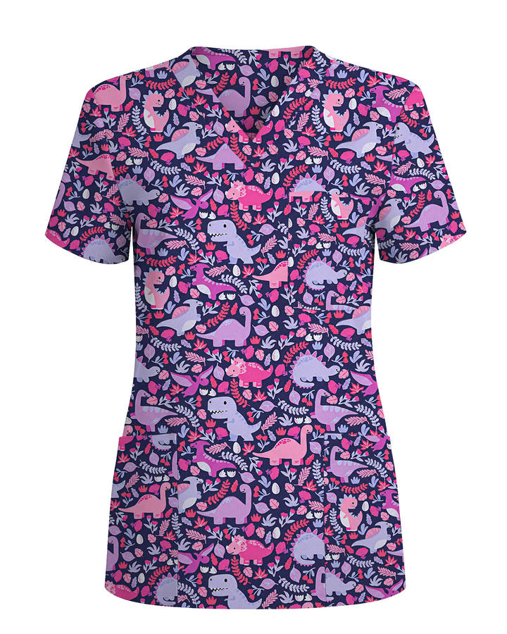 Playful Dinosaur Jurassic Women Scrub Top