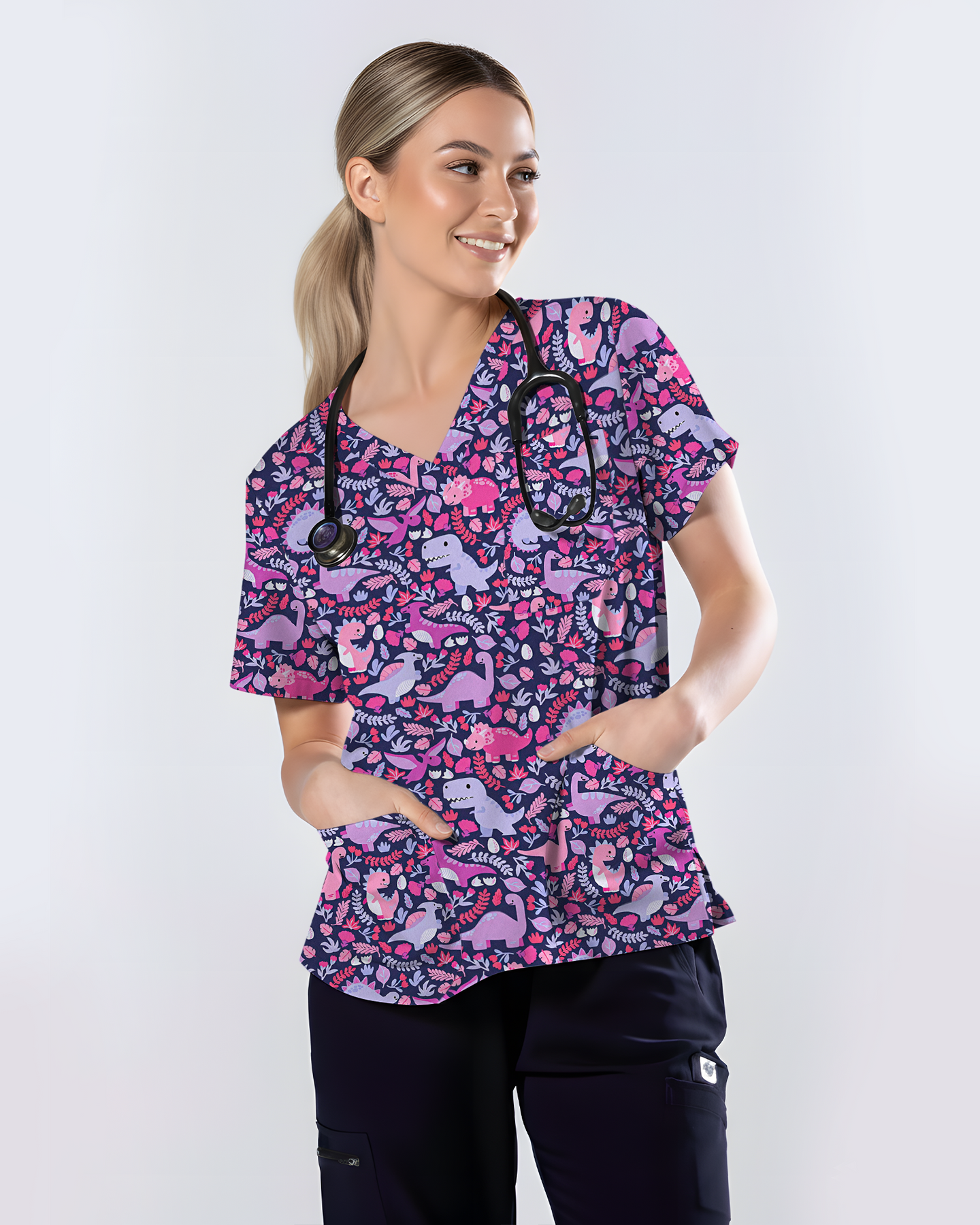 Playful Dinosaur Jurassic Women Scrub Top