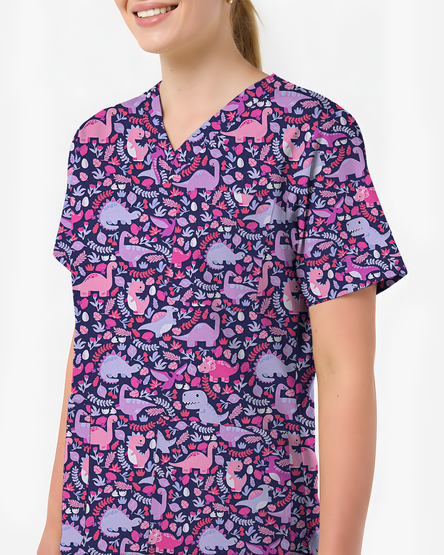 Playful Dinosaur Jurassic Women Scrub Top