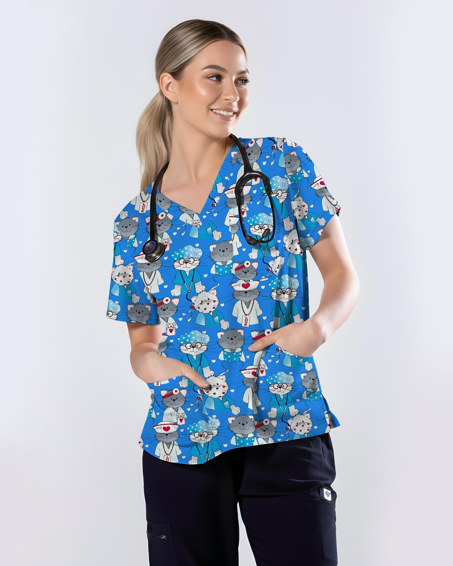 Adorable Nurse Cats Women Scrub Top