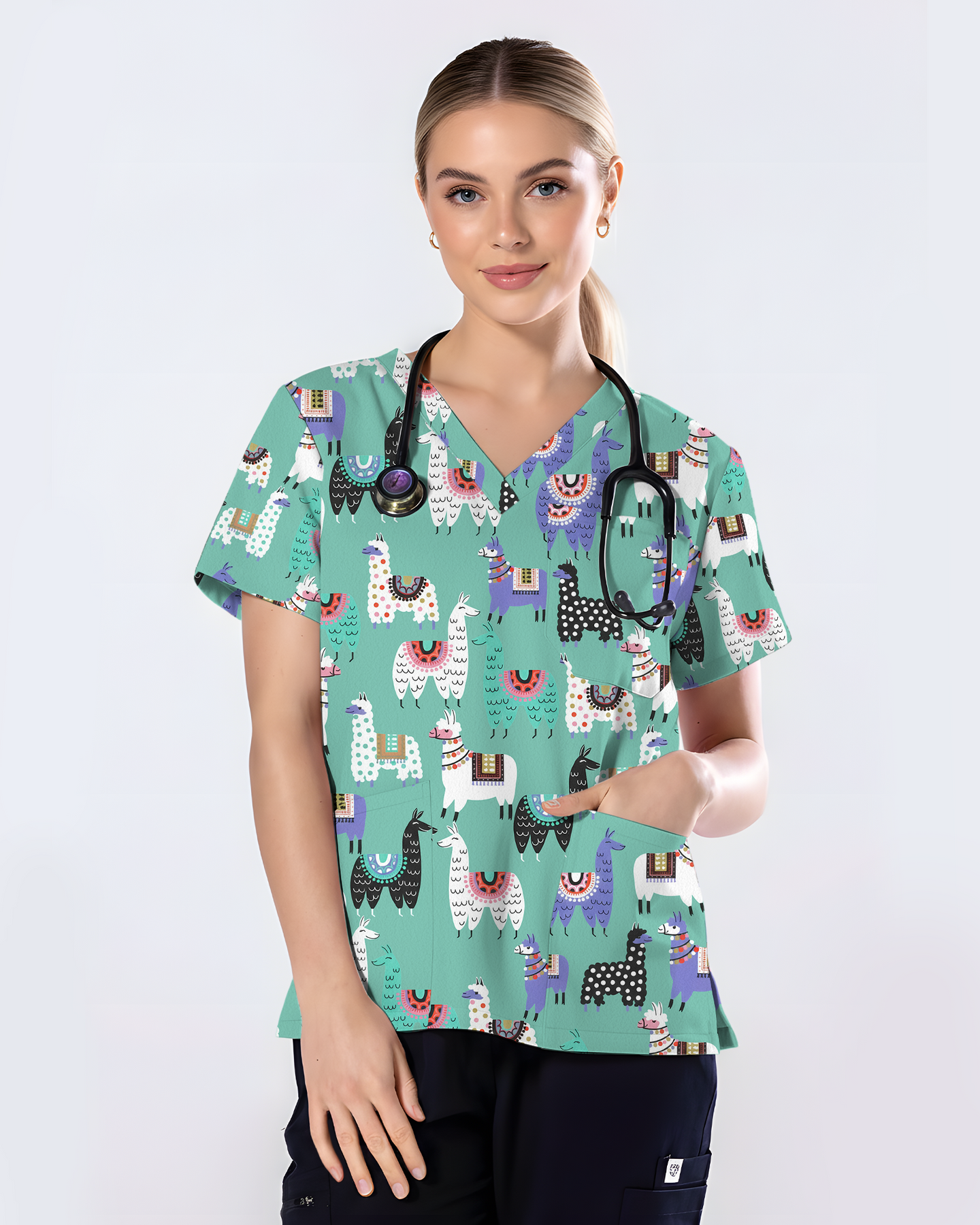Whimsical Llama Friends Women Scrub Top