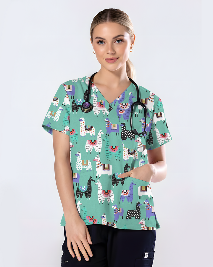 Whimsical Llama Friends Women Scrub Top