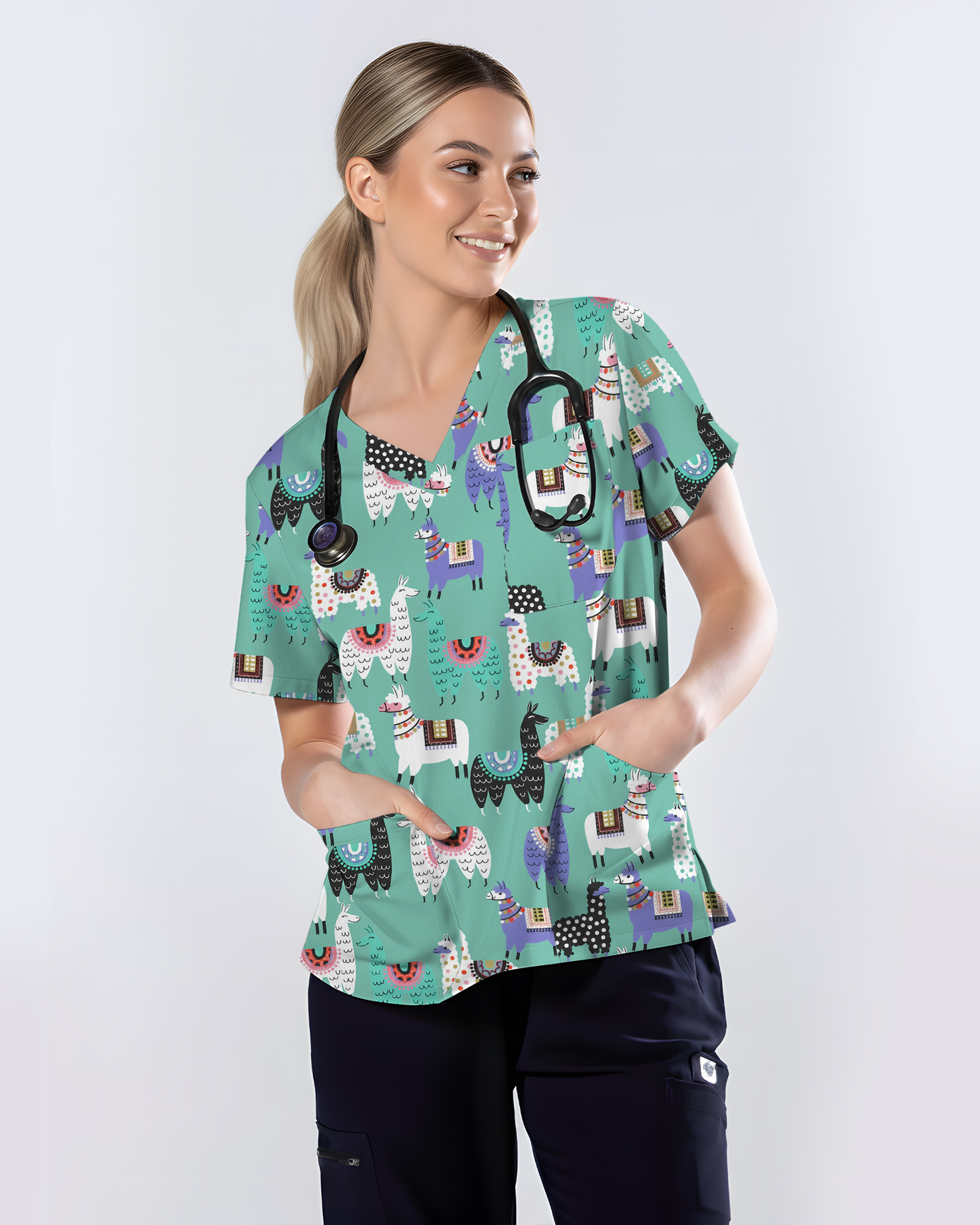 Whimsical Llama Friends Women Scrub Top