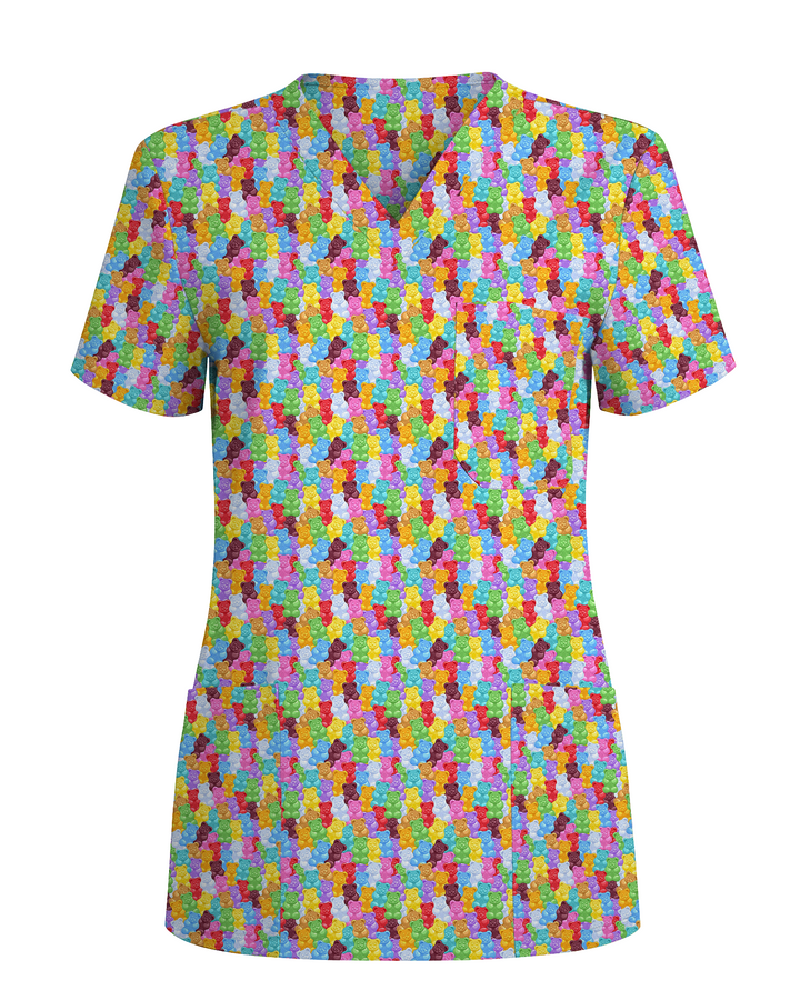 Rainbow Gummy Bear Women Scrub Top
