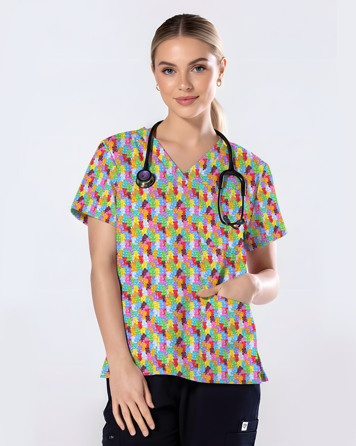 Rainbow Gummy Bear Women Scrub Top