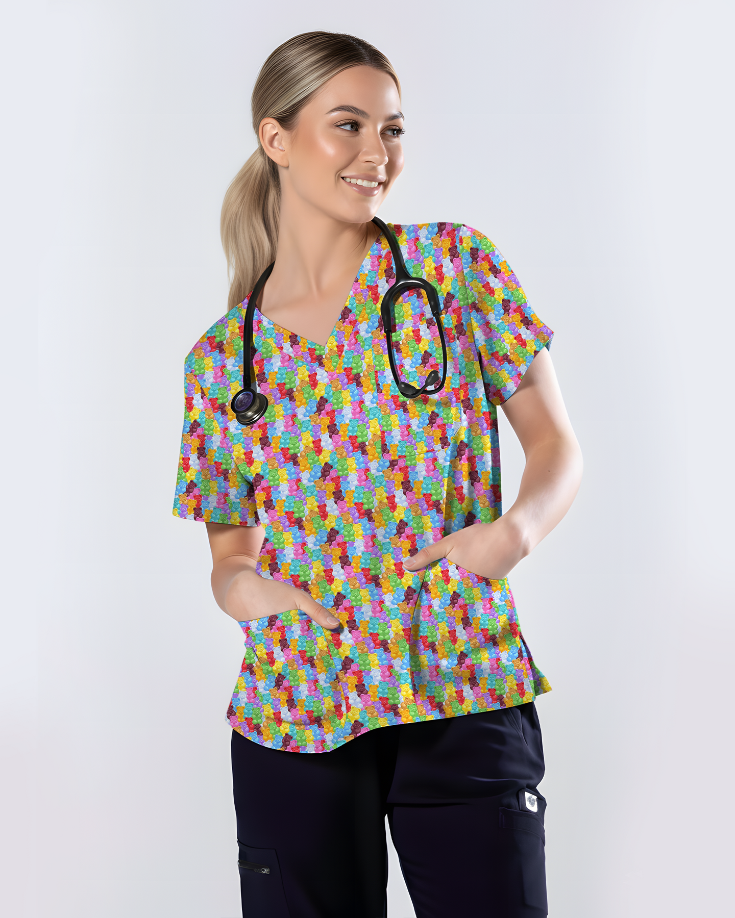 Rainbow Gummy Bear Women Scrub Top