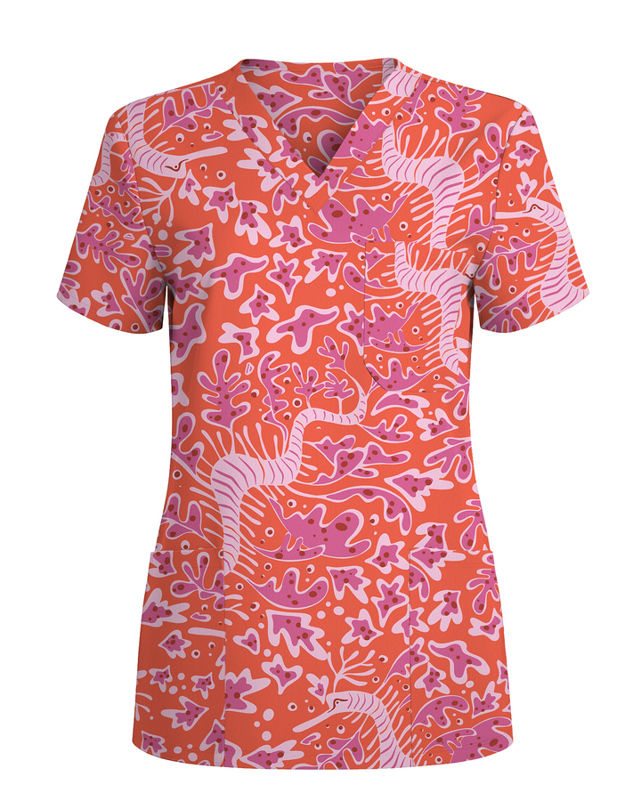 Pink Coral Garden Women Scrub Top