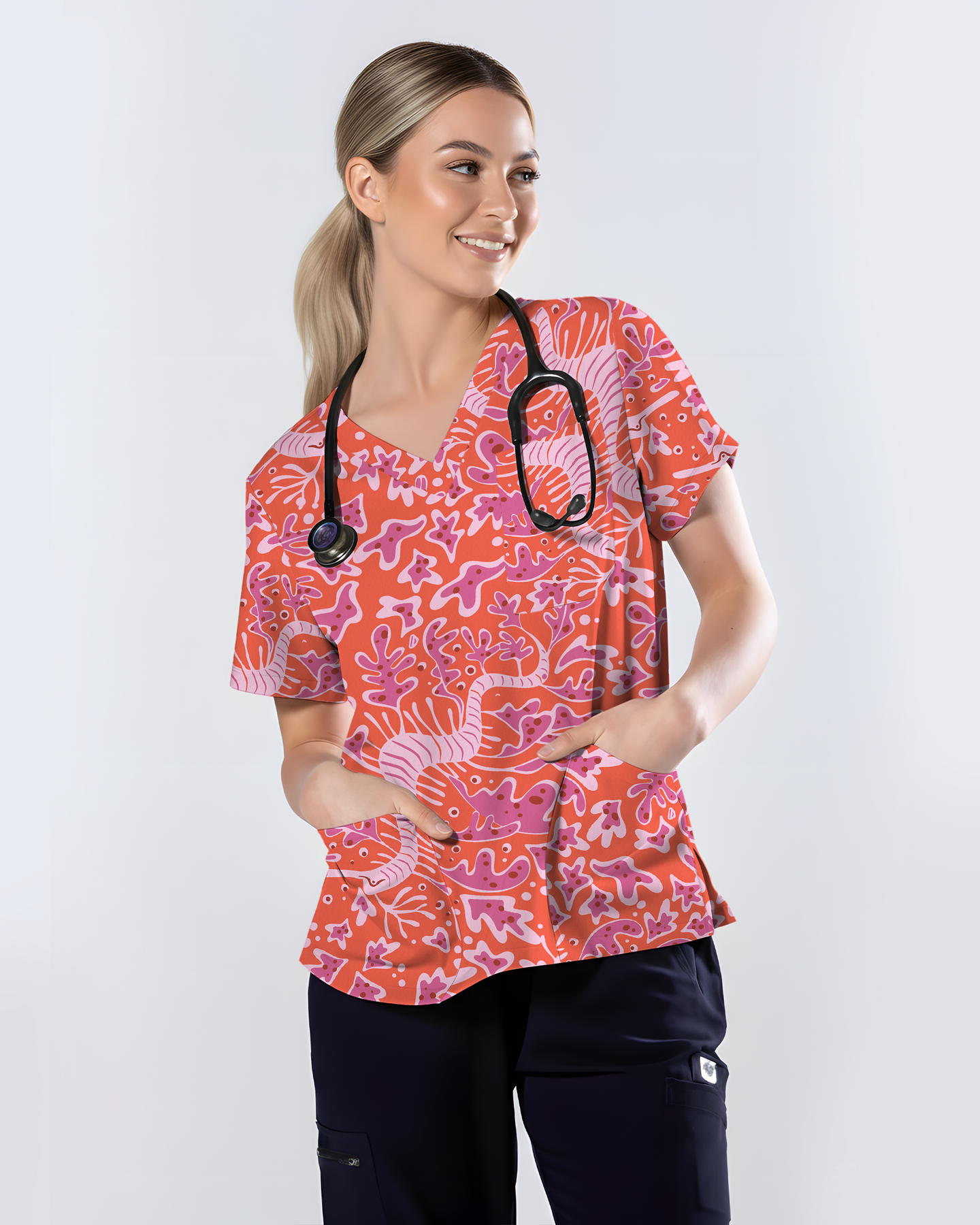Pink Coral Garden Women Scrub Top