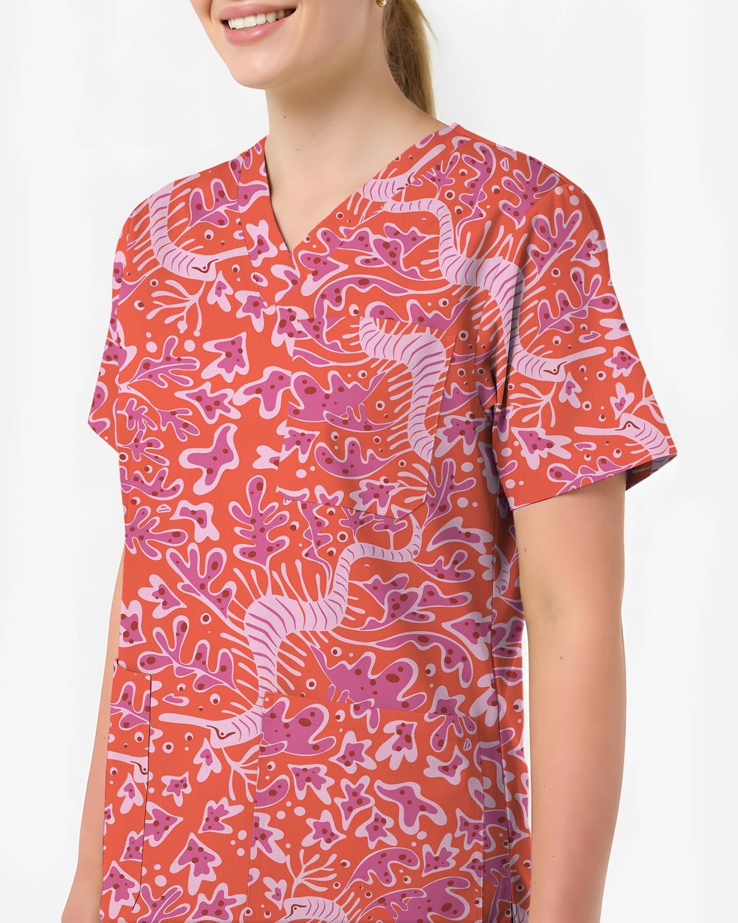 Pink Coral Garden Women Scrub Top
