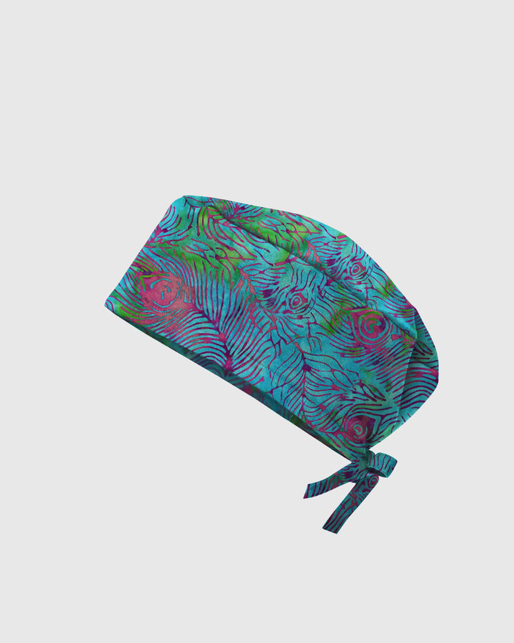 Teal Peacock Plume Scrub Cap