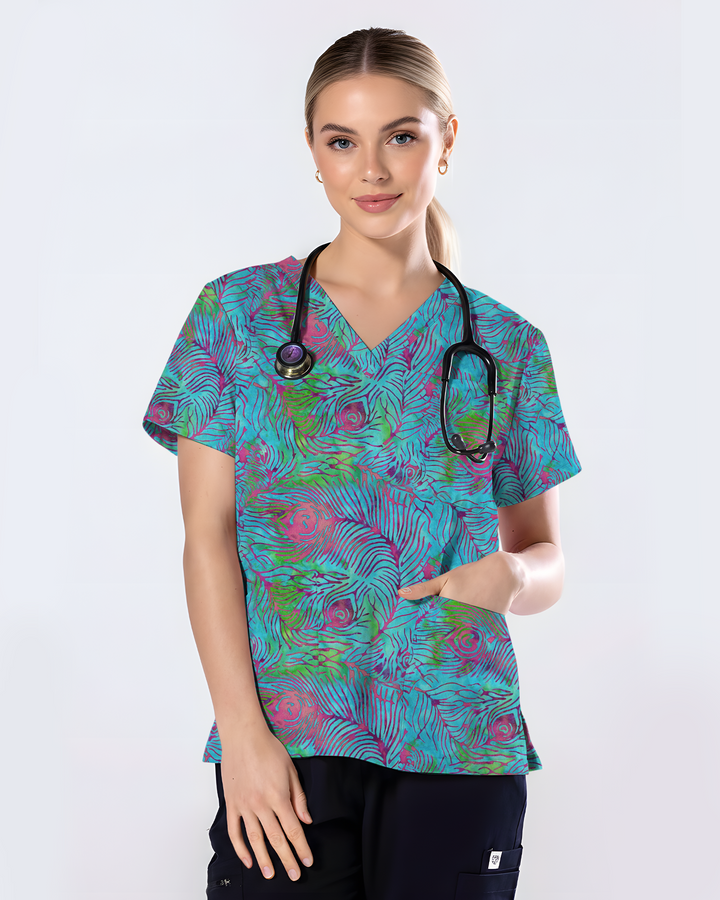 Teal Peacock Plume Women Scrub Top