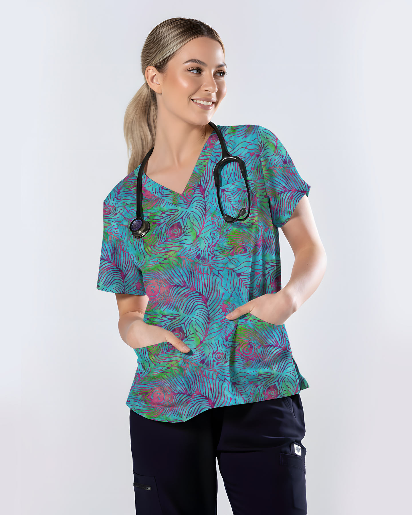Teal Peacock Plume Women Scrub Top