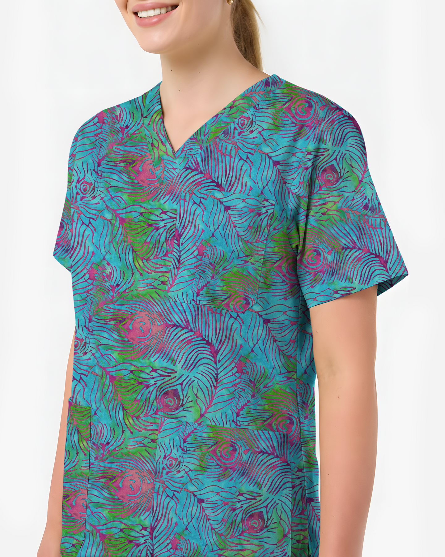 Teal Peacock Plume Women Scrub Top