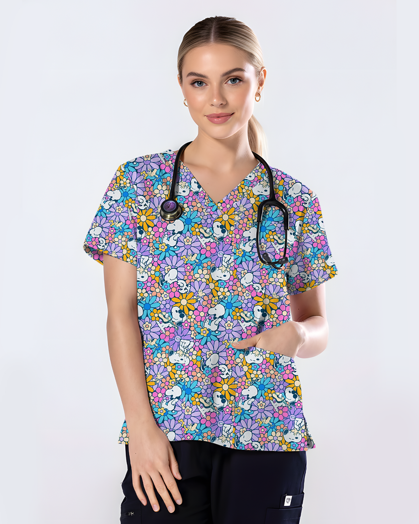 Playful Bunny Blossom Women Scrub Top
