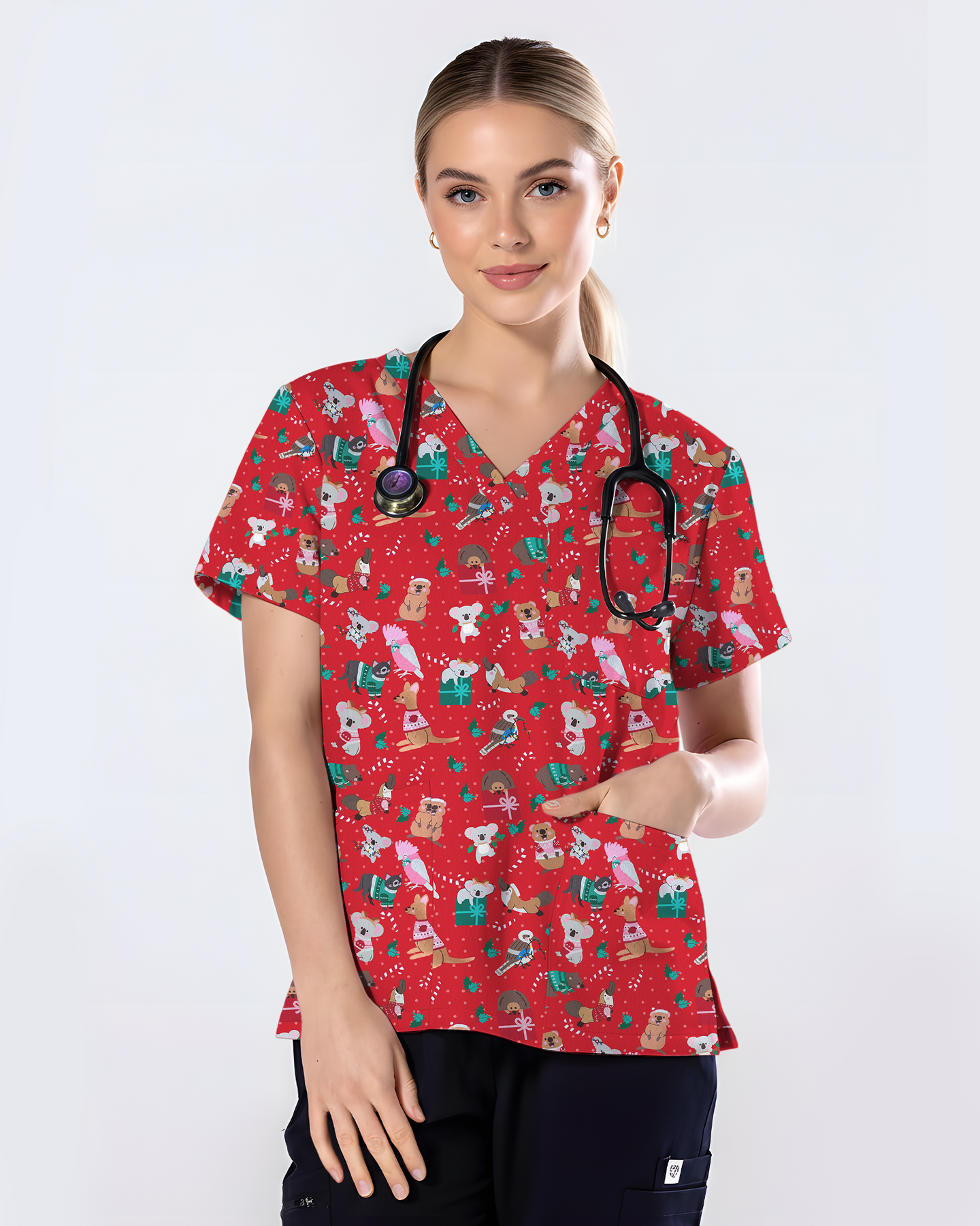 Christmas Cheer Animal Women Scrub Top