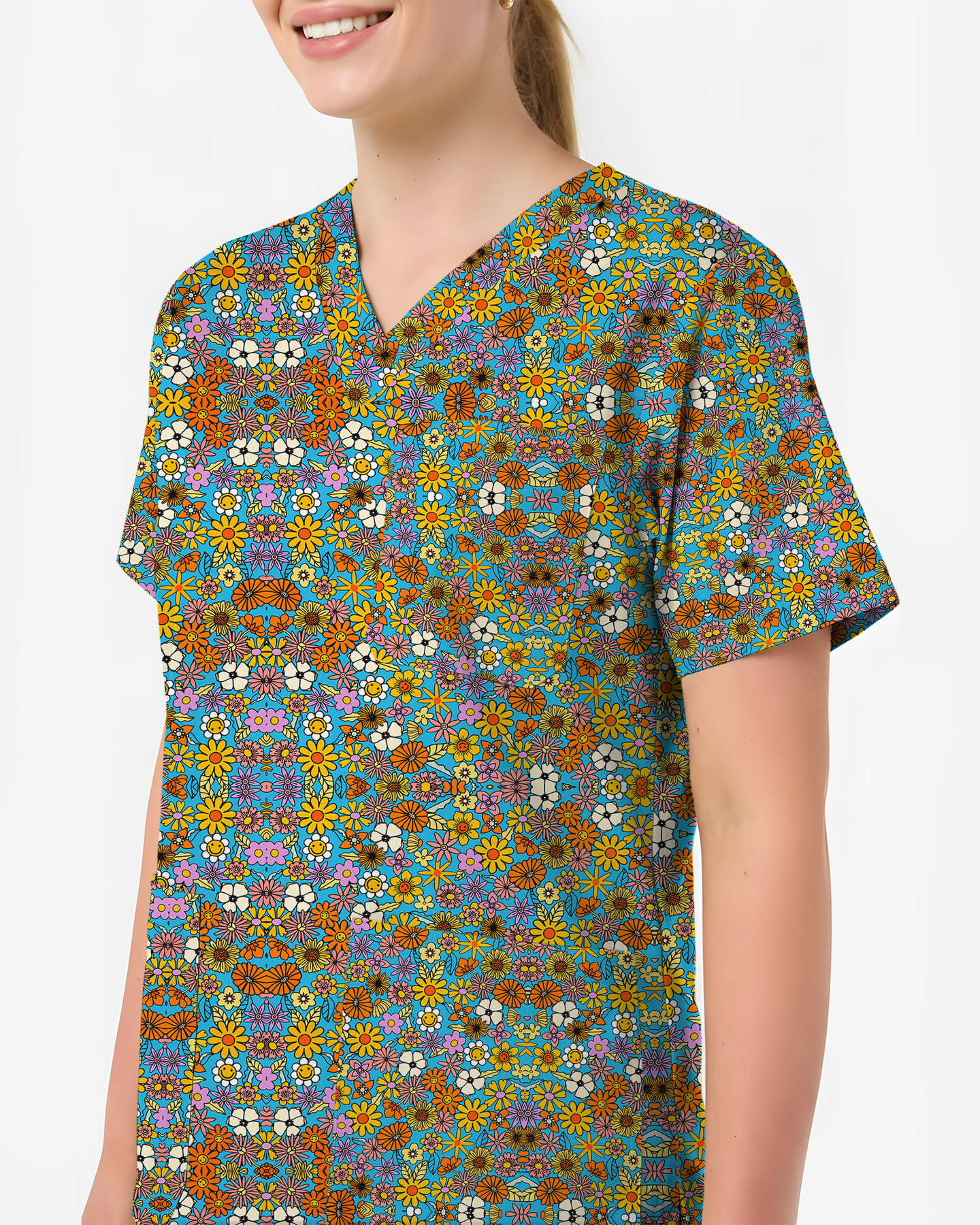 Bright Wildflower Meadow Women Scrub Top