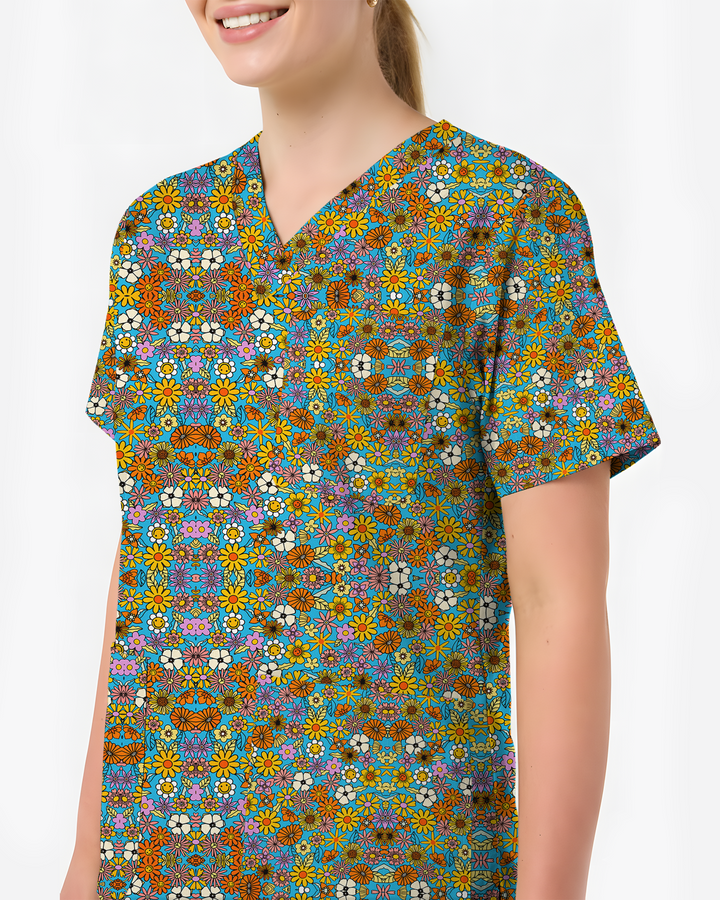 Bright Wildflower Meadow Women Scrub Top