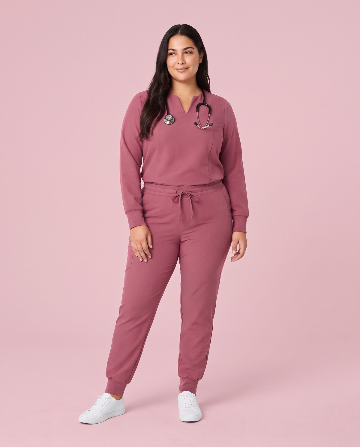 Long-Sleeve Notch Neck Top Mauve