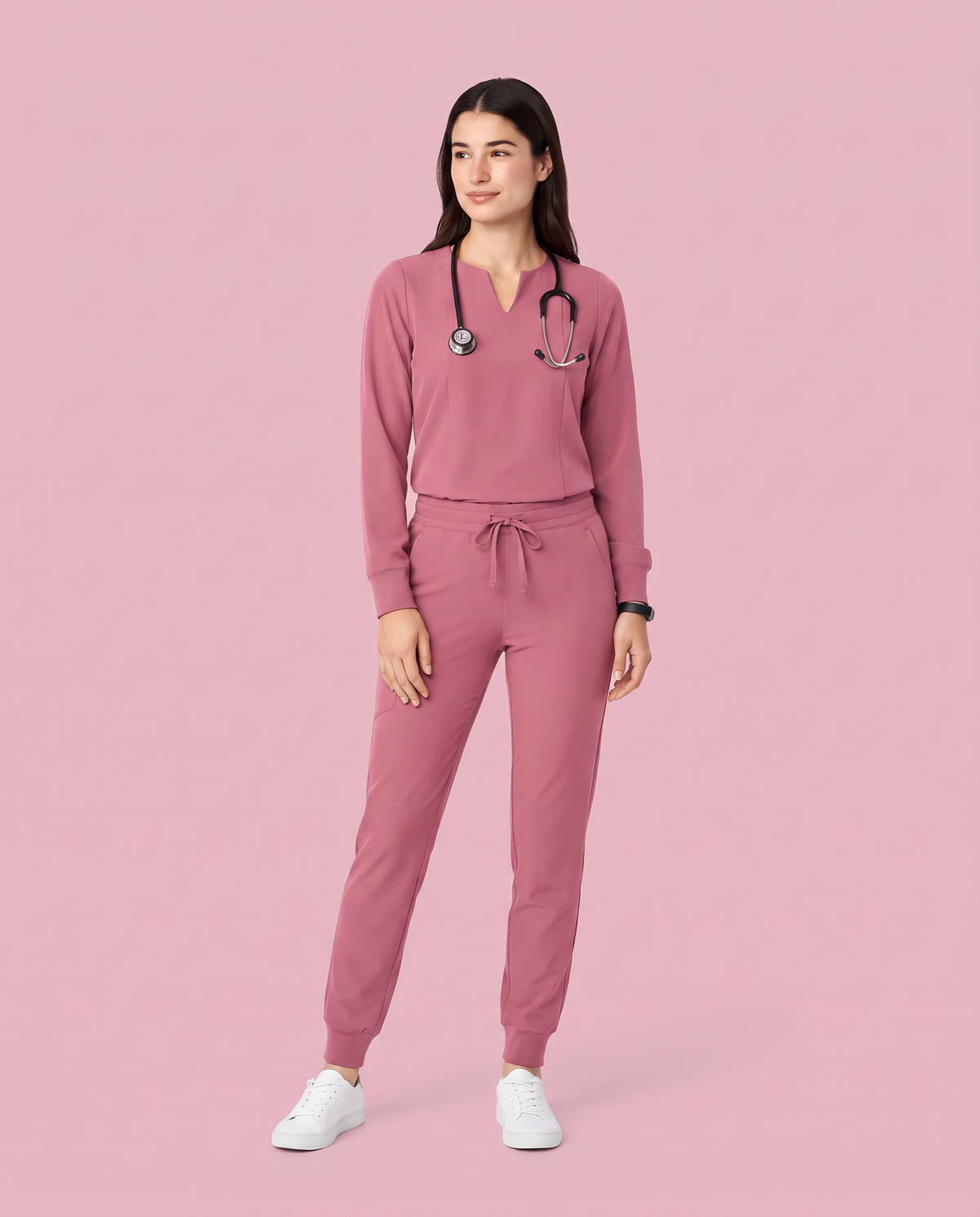 Long-Sleeve Notch Neck Top Mauve