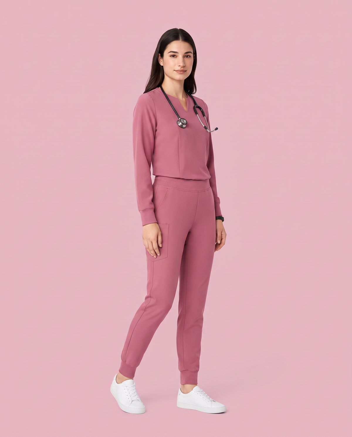 Long-Sleeve Notch Neck Top Mauve