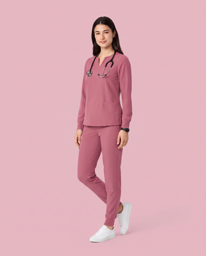 Long-Sleeve Notch Neck Top Mauve