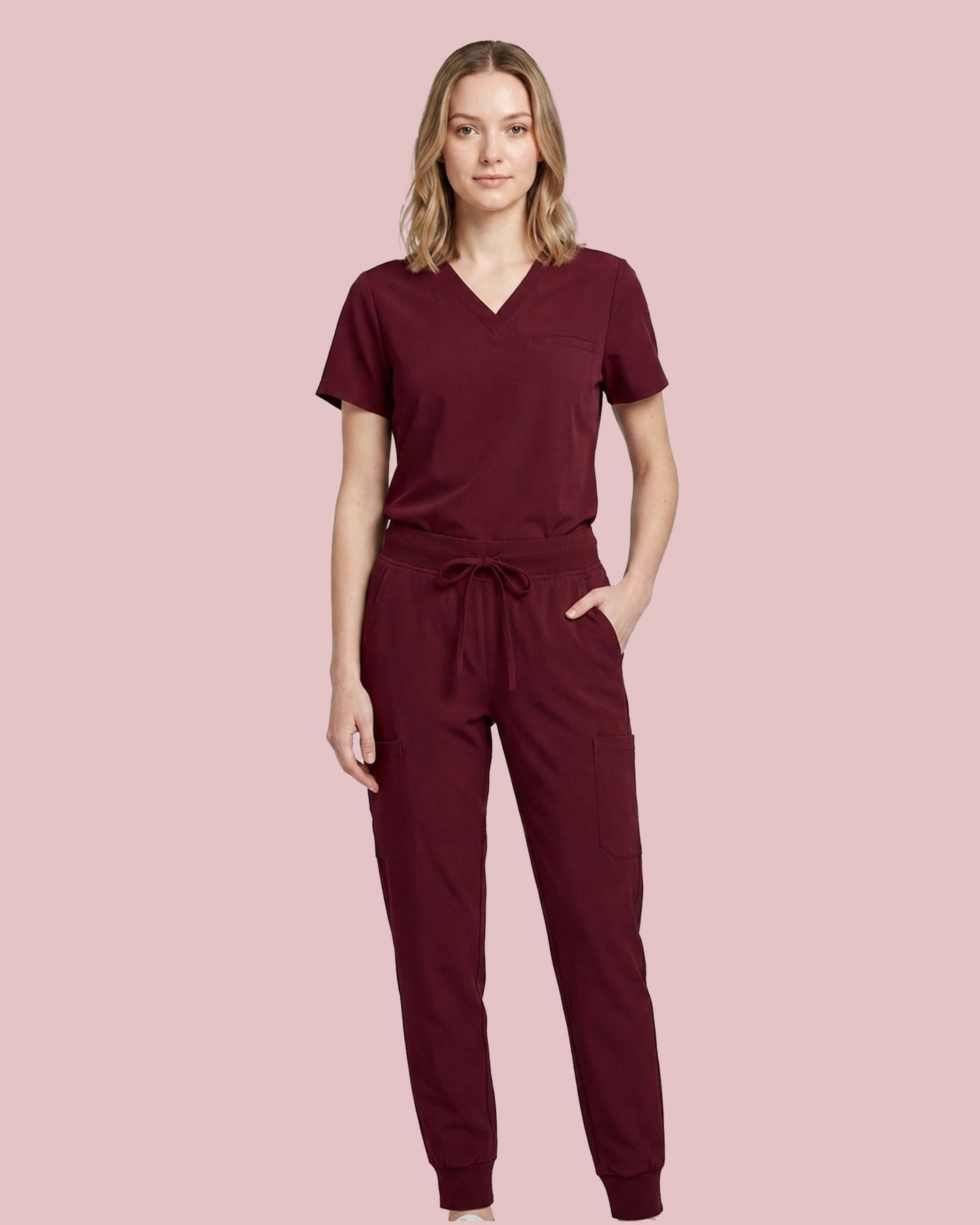 Women's One-Pocket V-neck Scrub Top Burgundy