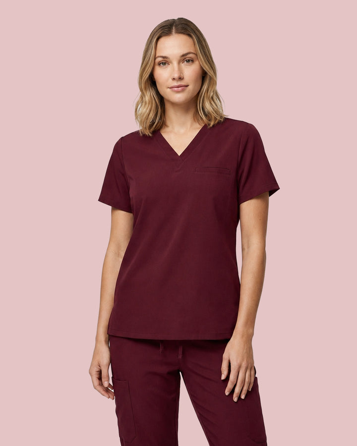 Women's One-Pocket V-neck Scrub Top Burgundy