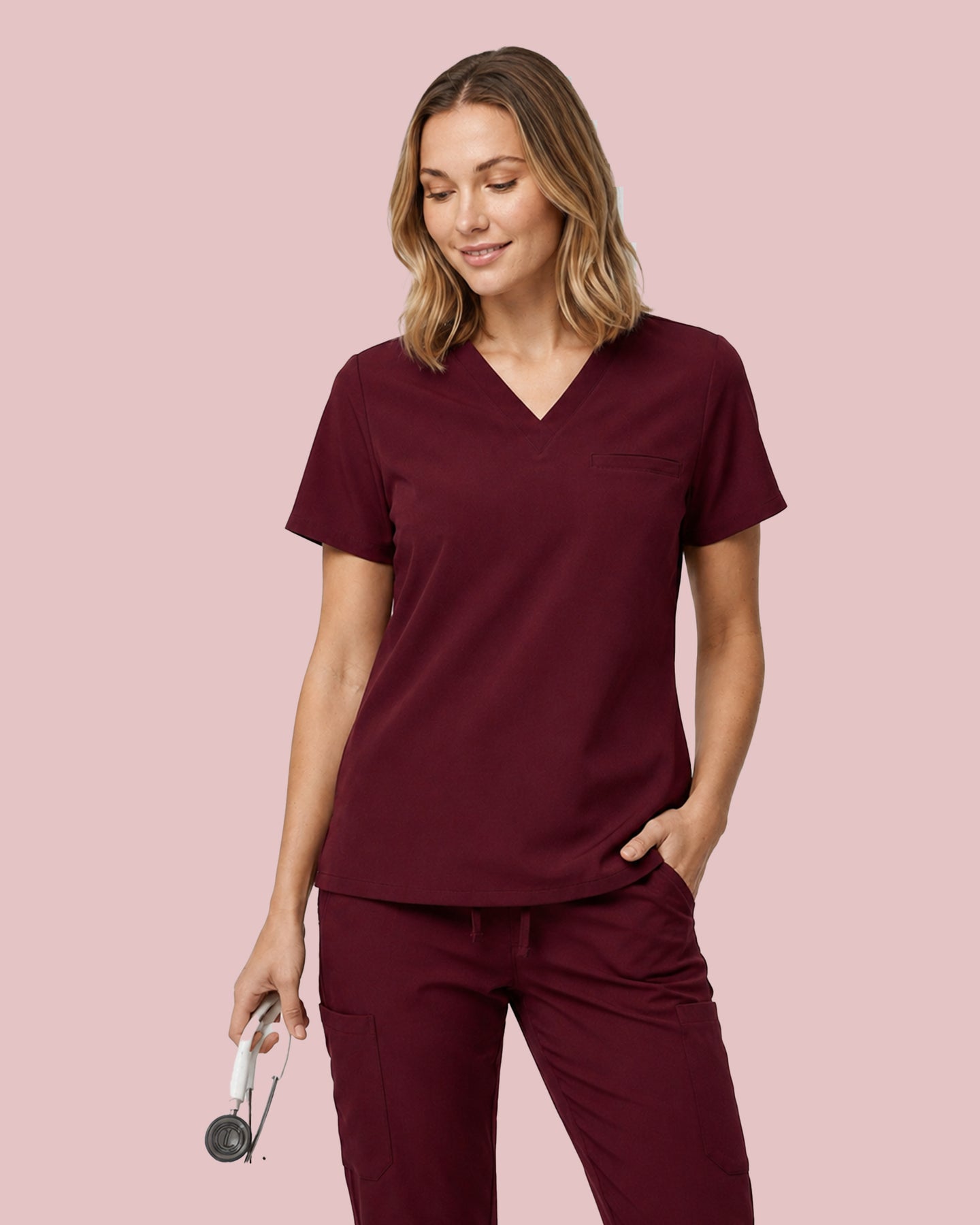 Women's One-Pocket V-neck Scrub Top Burgundy