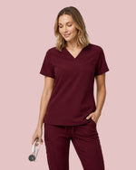 Women's One-Pocket V-neck Scrub Top Burgundy
