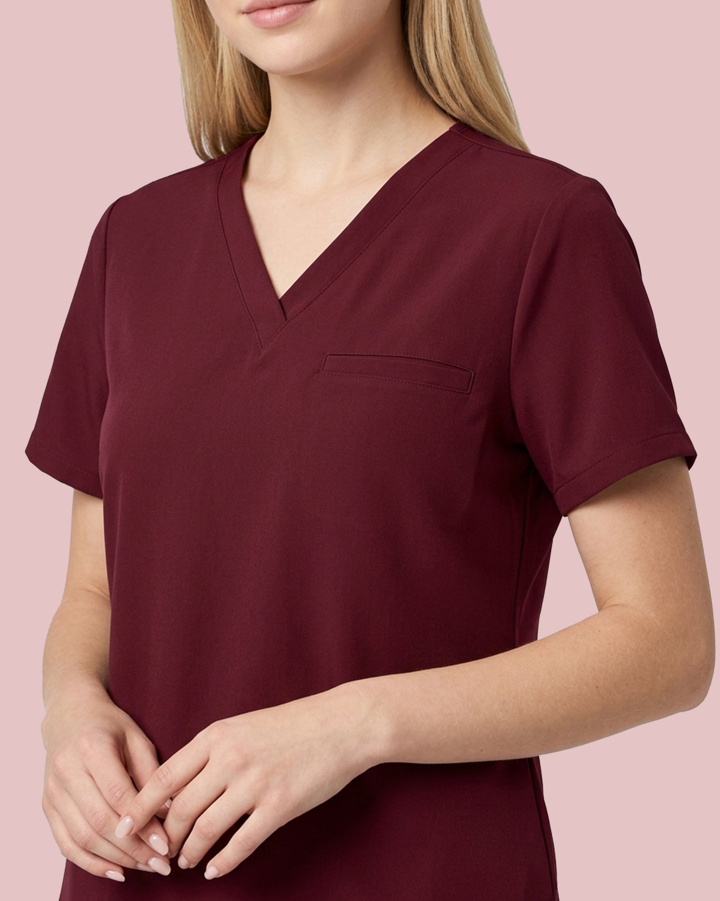 Women's One-Pocket V-neck Scrub Top Burgundy