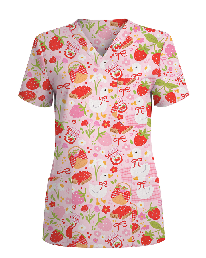 Strawberry Sunday Sweet Picnic Vibes Women Scrub Top
