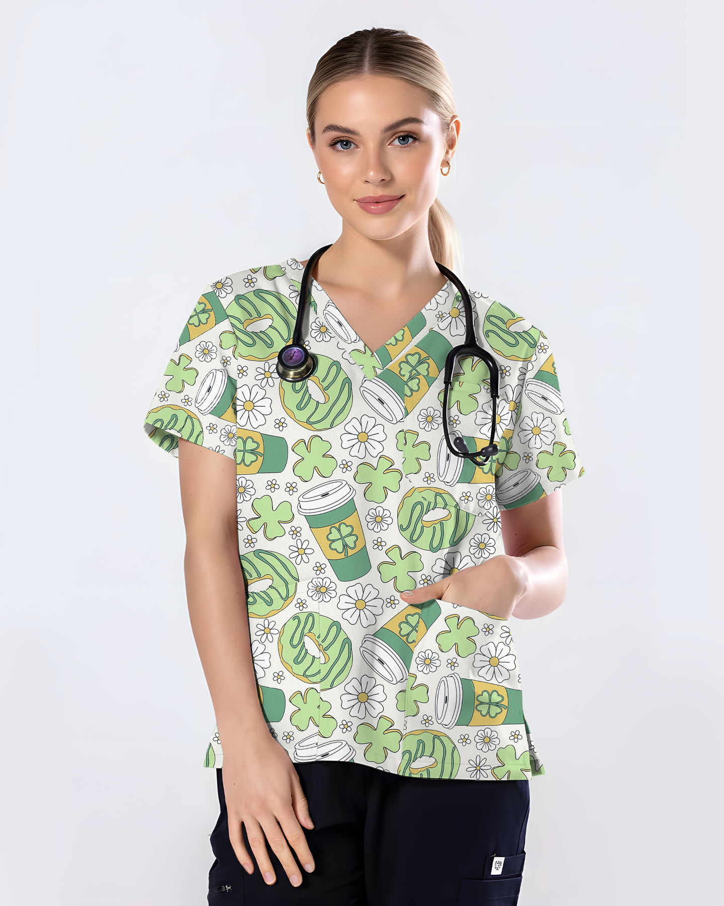 Lucky Latte Cozy Café Charm Women Scrub Top