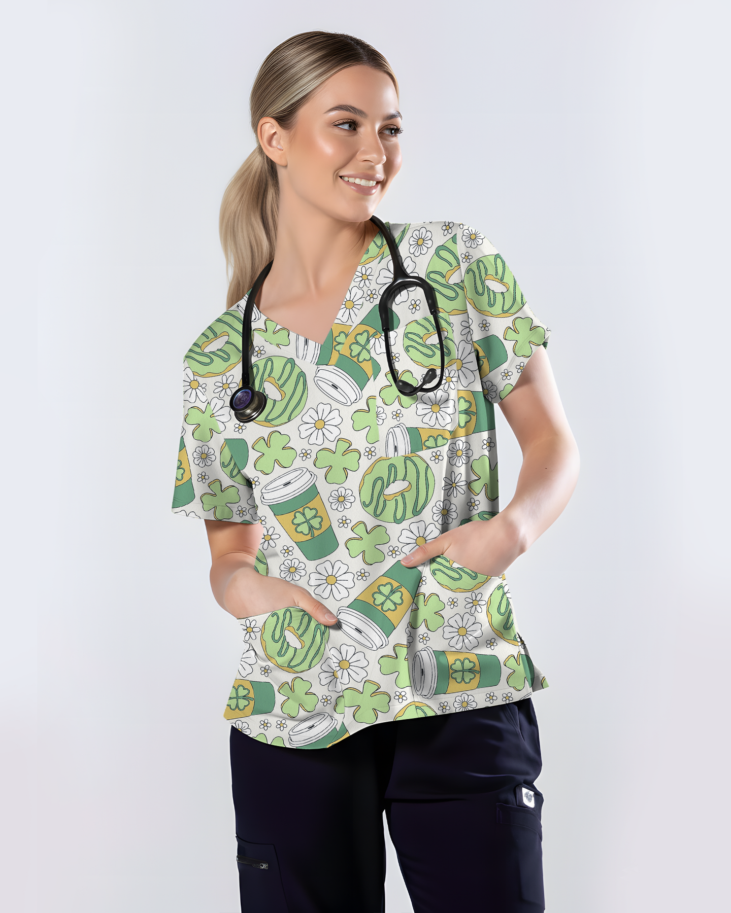 Lucky Latte Cozy Café Charm Women Scrub Top