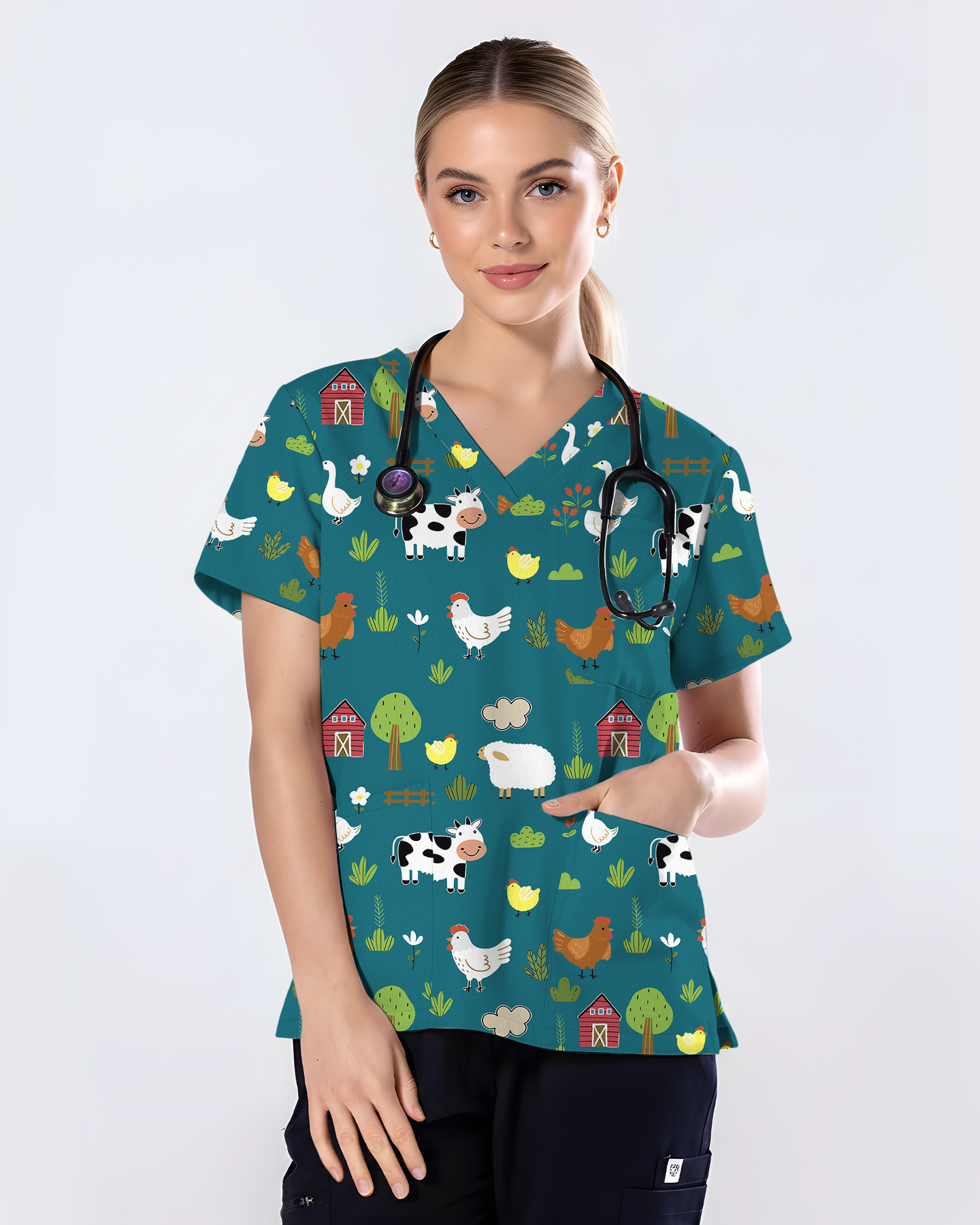 Barnyard Buddies Happy Farm Friends Women Scrub Top