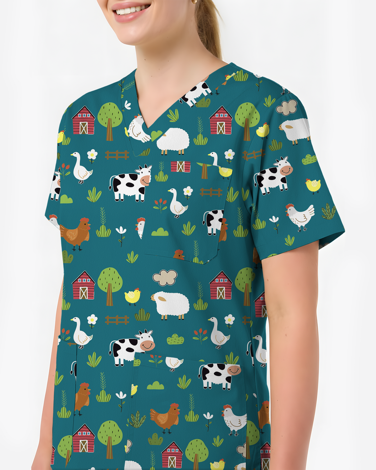 Barnyard Buddies Happy Farm Friends Women Scrub Top