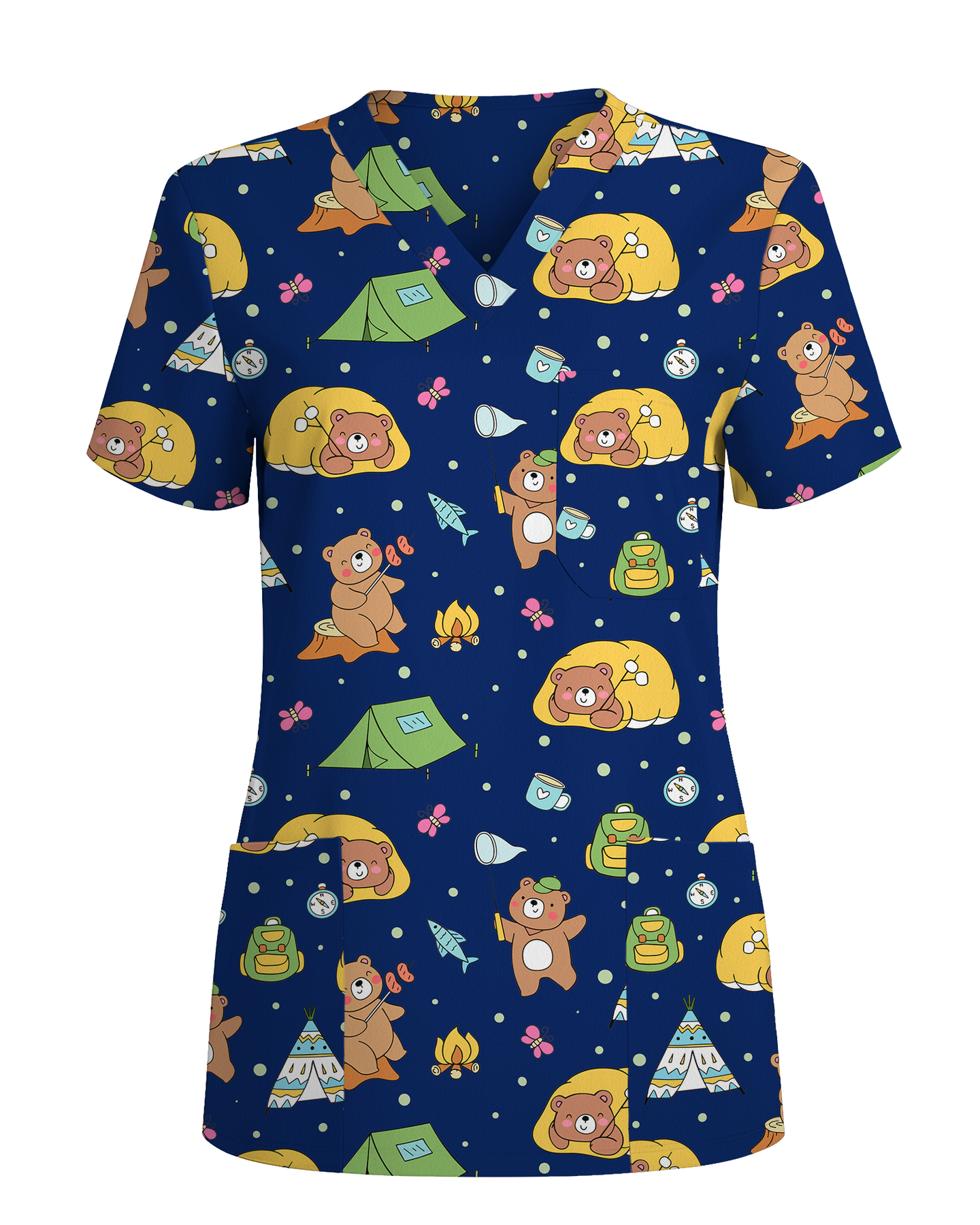Camping Bears Cozy Woodland Adventure Women Scrub Top