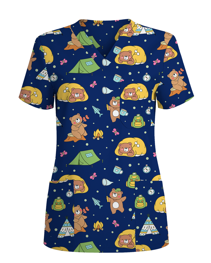 Camping Bears Cozy Woodland Adventure Women Scrub Top
