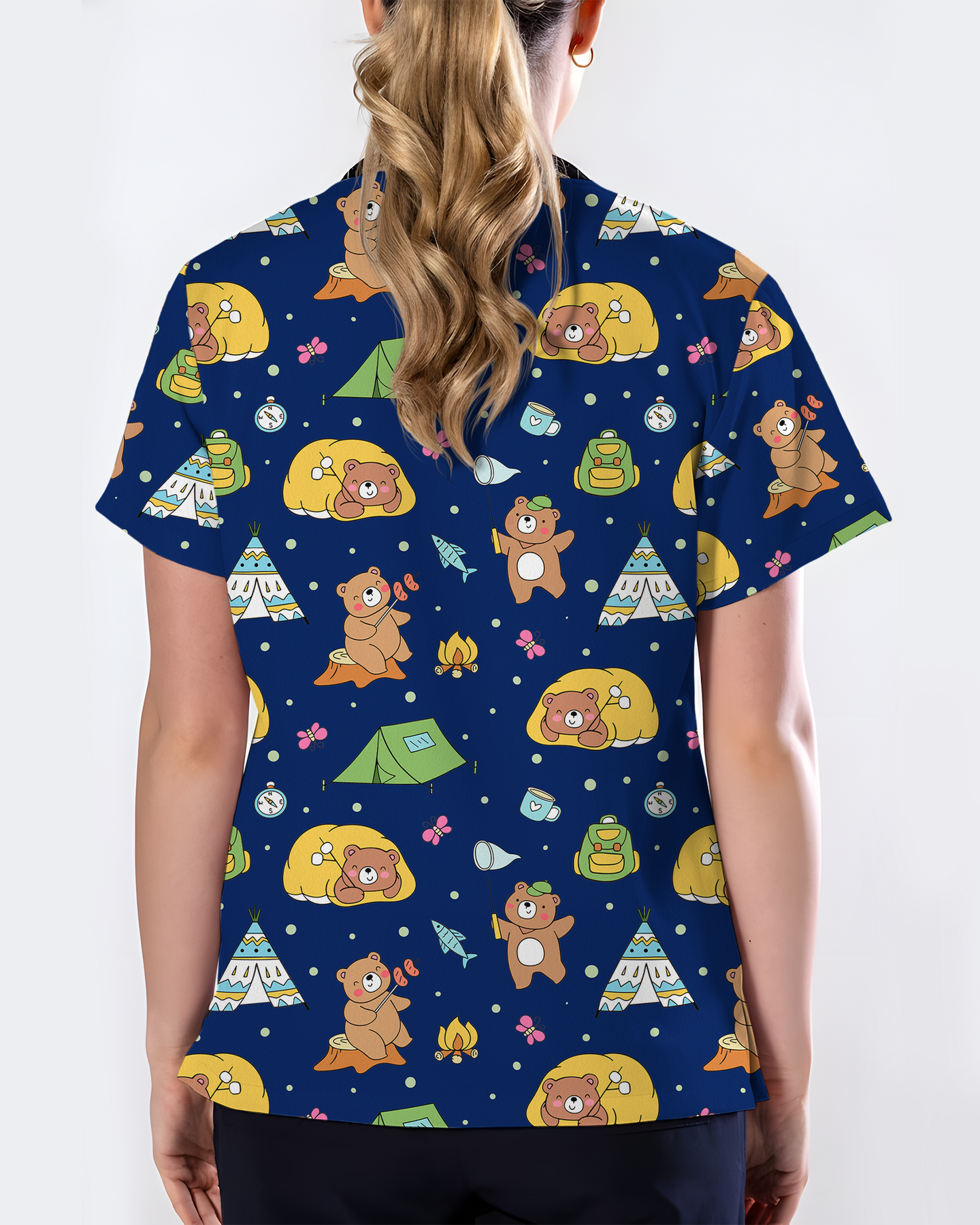 Camping Bears Cozy Woodland Adventure Women Scrub Top