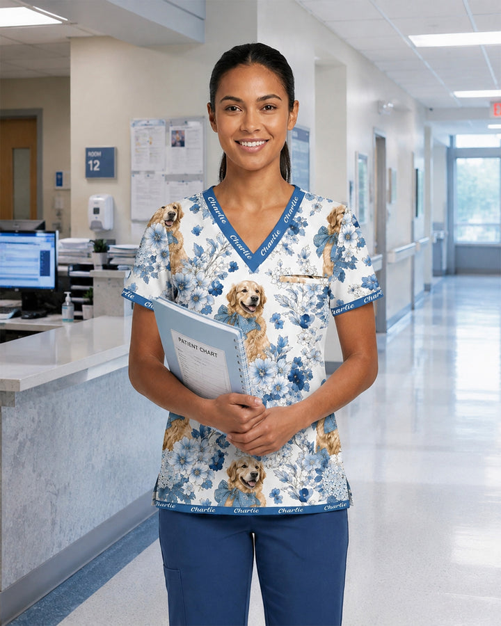 Personalized Pet Portrait And Name Nurse Dog Mom Cat Mom Blue Flower Pattern Top