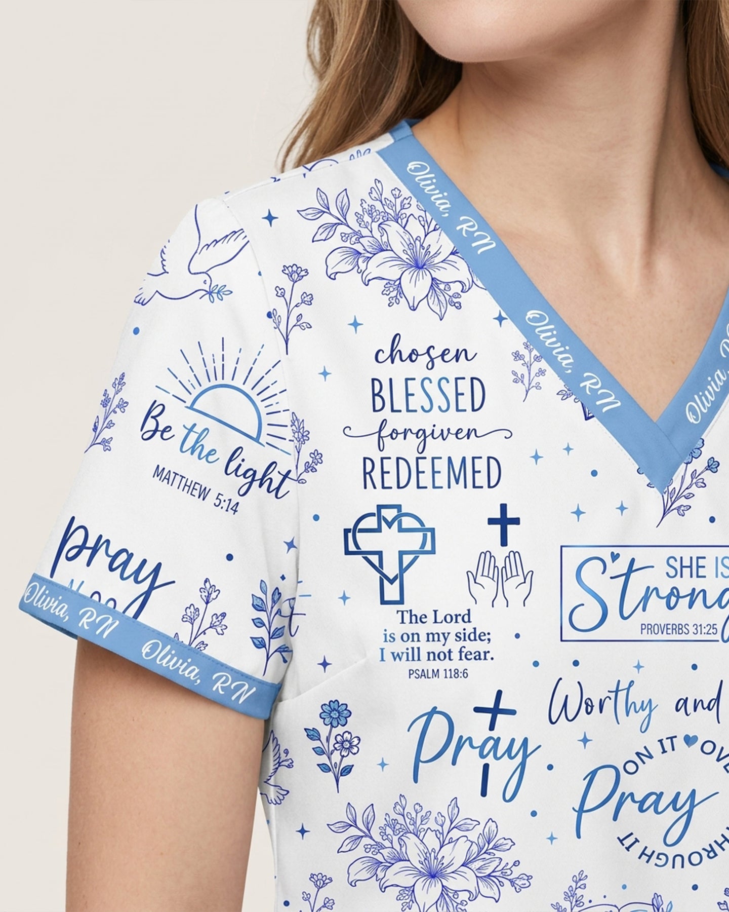 Personalized Name Nurse Christian Prayer Jesus Flower Cross Bible Quote Pattern Top