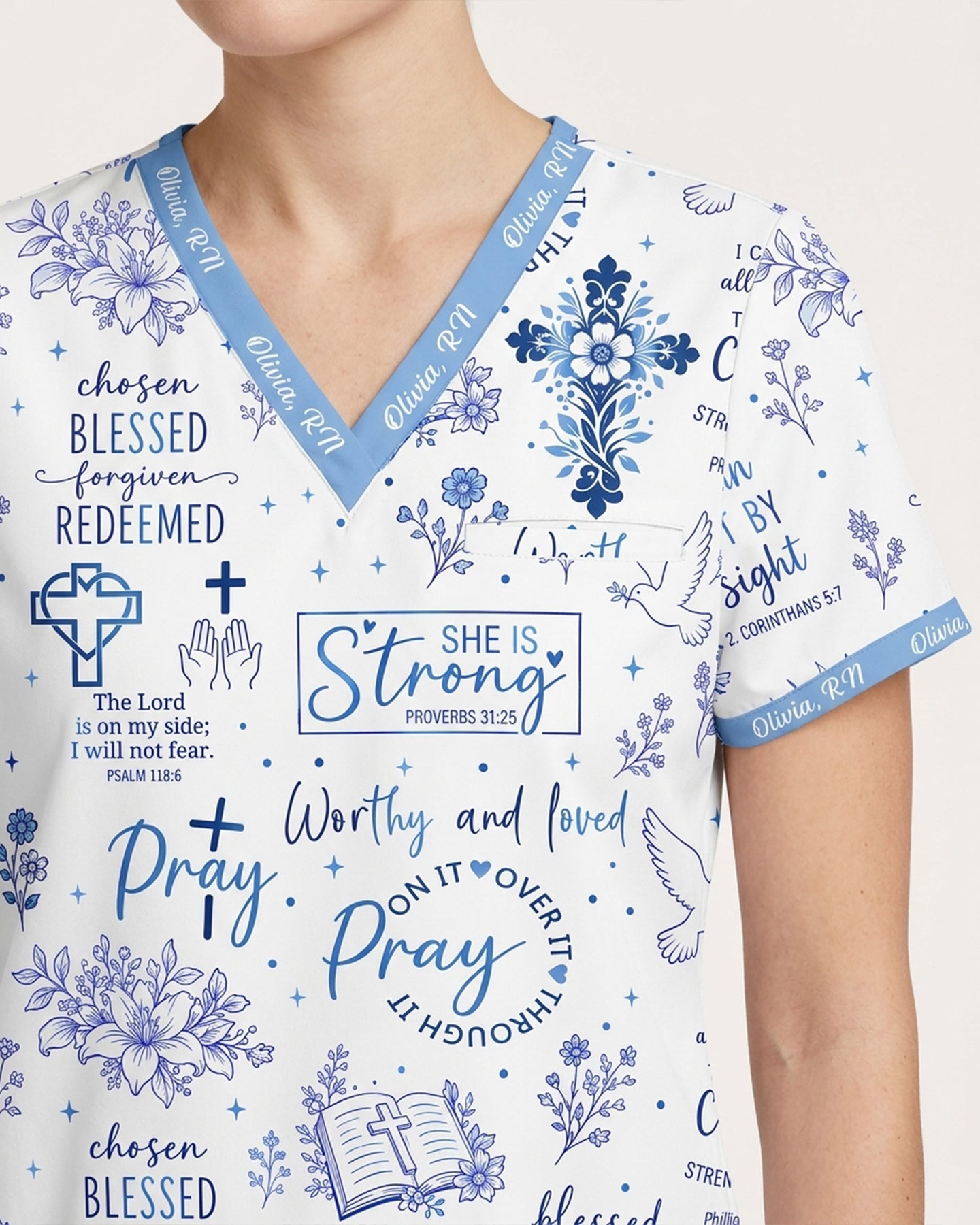 Personalized Name Nurse Christian Prayer Jesus Flower Cross Bible Quote Pattern Top