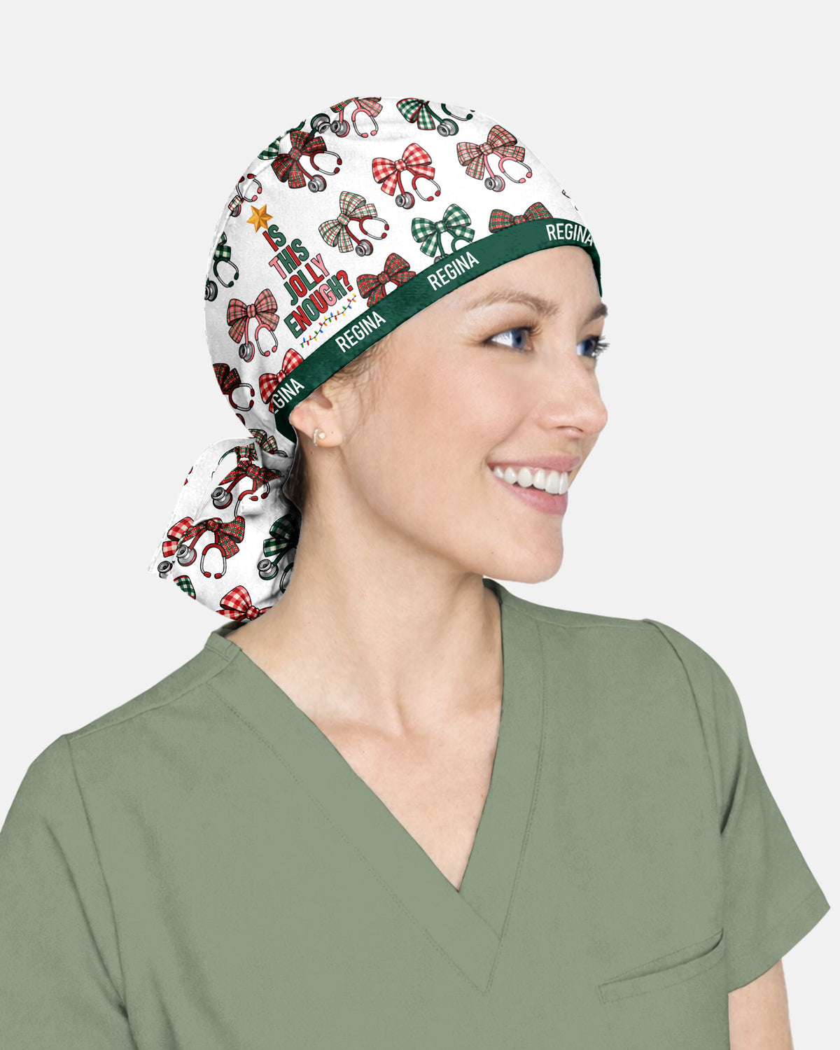 Personalized Name Is This Jolly Enough Christmas Stethoscope Bow Pattern Gift For Nurse Cap