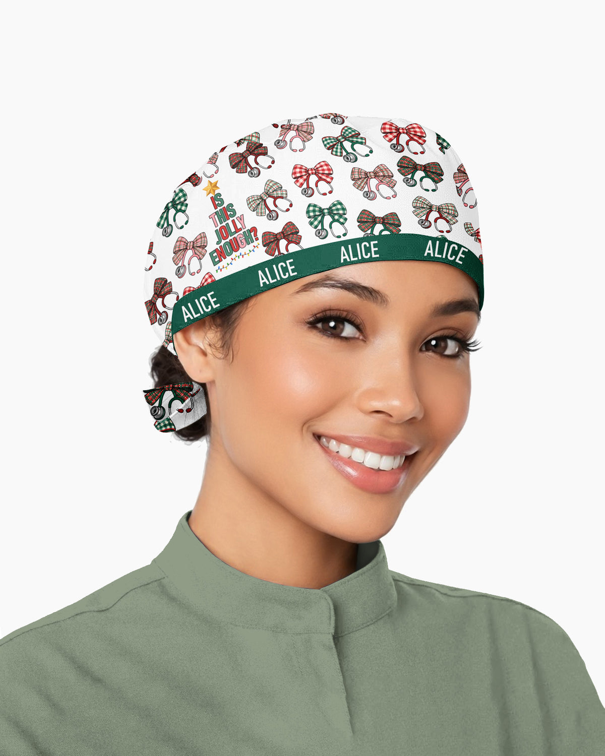 Personalized Name Is This Jolly Enough Christmas Stethoscope Bow Pattern Gift For Nurse Cap